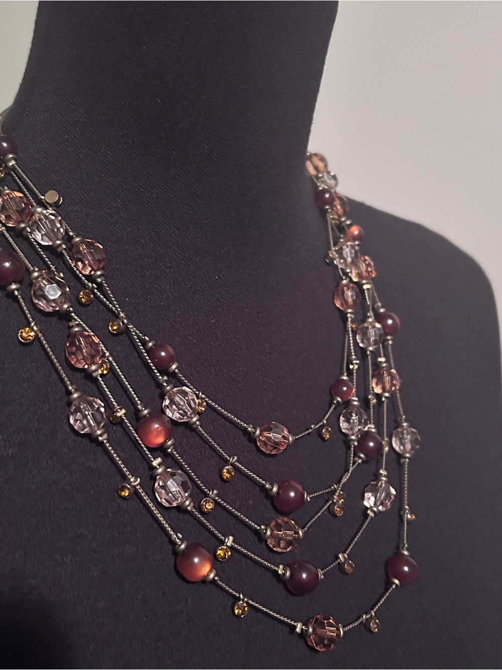 Multi Strand Beaded Necklace | Brown & Mauve Crystal Statement Necklace | Boho